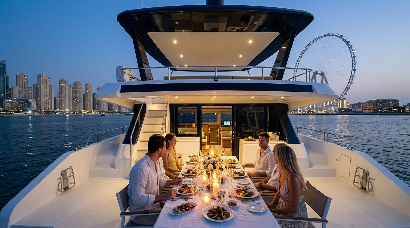 Candlelit dinner table set on a yacht deck overlooking illuminated Dubai Marina