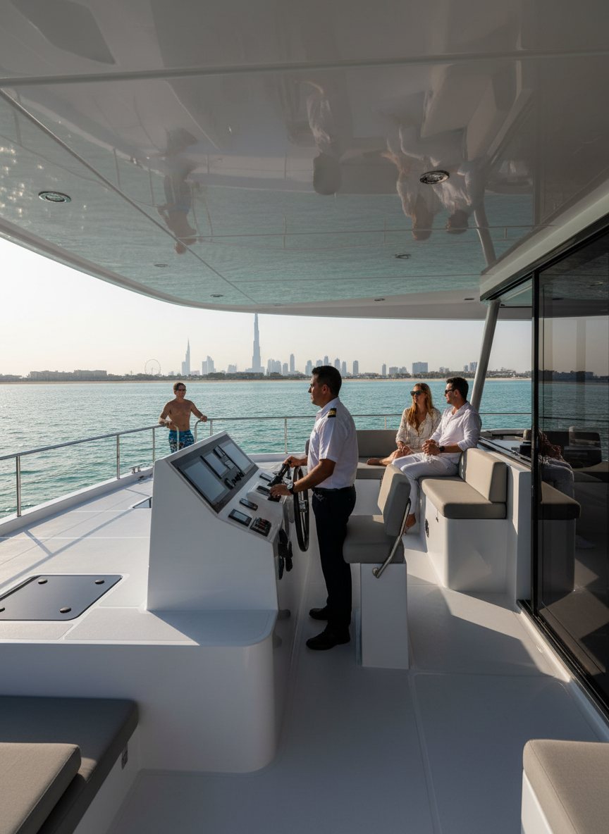 Captain navigating the yacht while guests gather at the stern under shadows