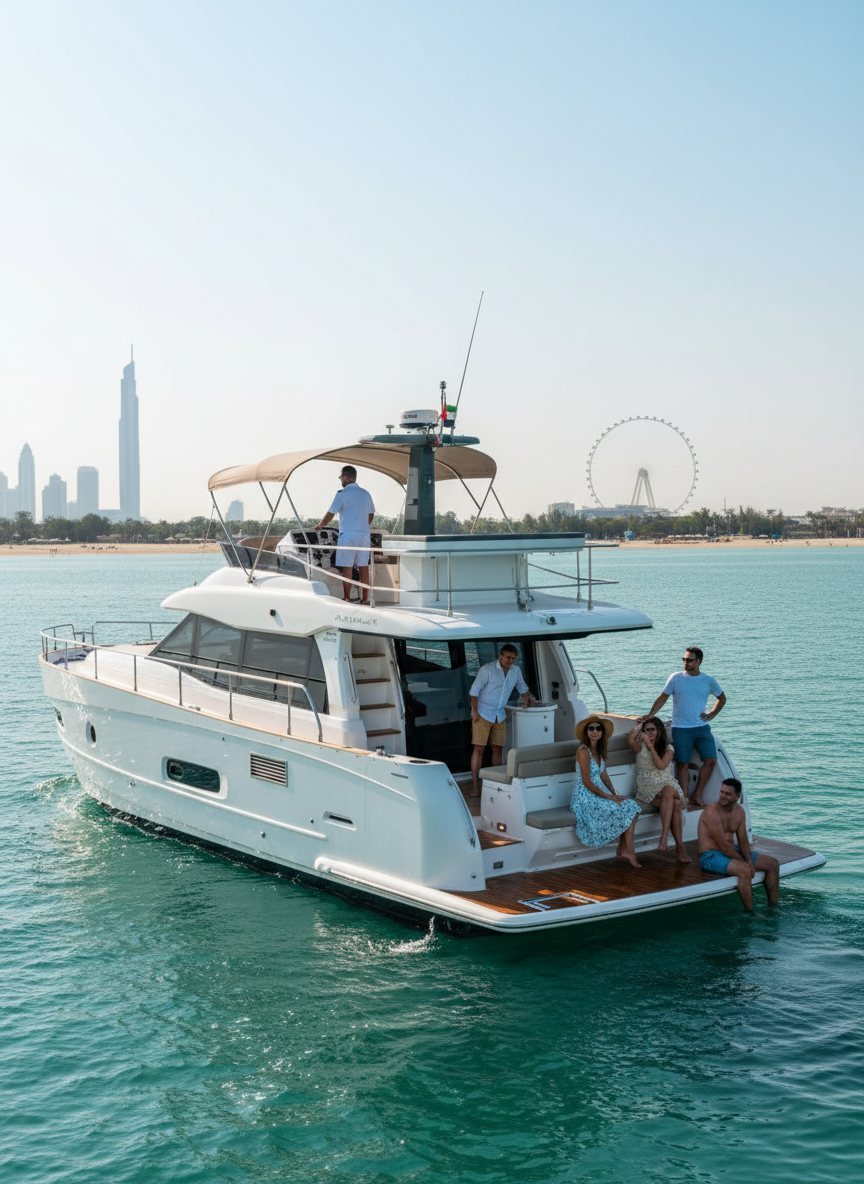 Captain steering at the helm while guests relax on the yacht deck