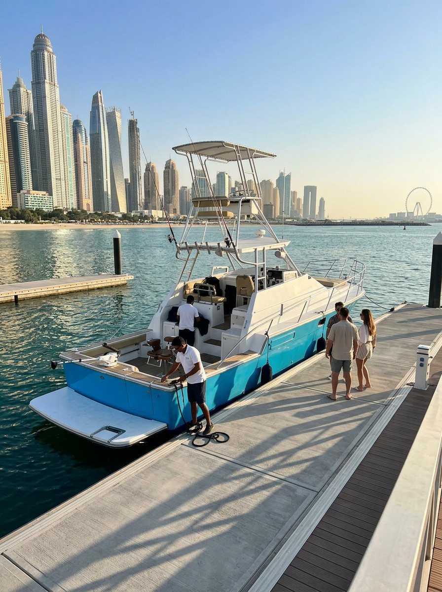 Crew members gathered on a marina walkway against the expansive Dubai coast