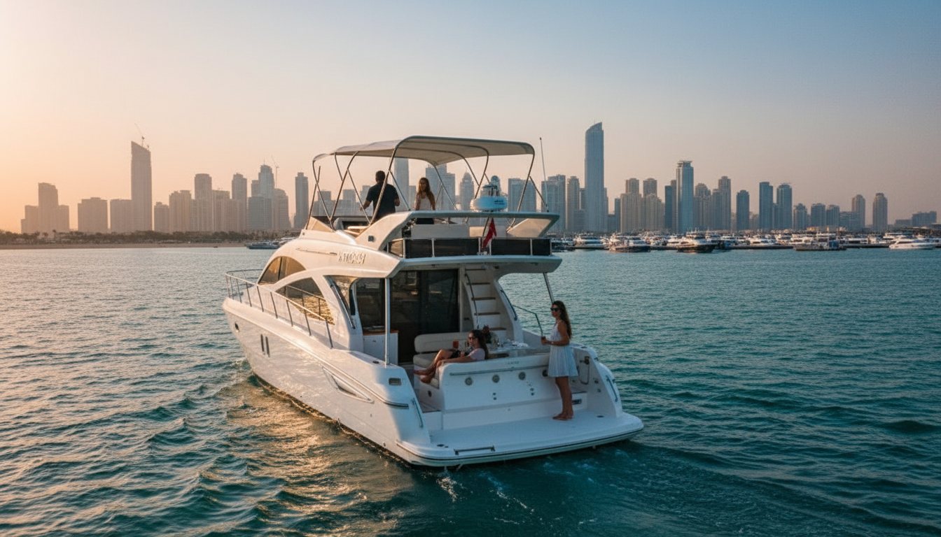 Dubai Marina skyscrapers and yacht berths viewed from the aft deck