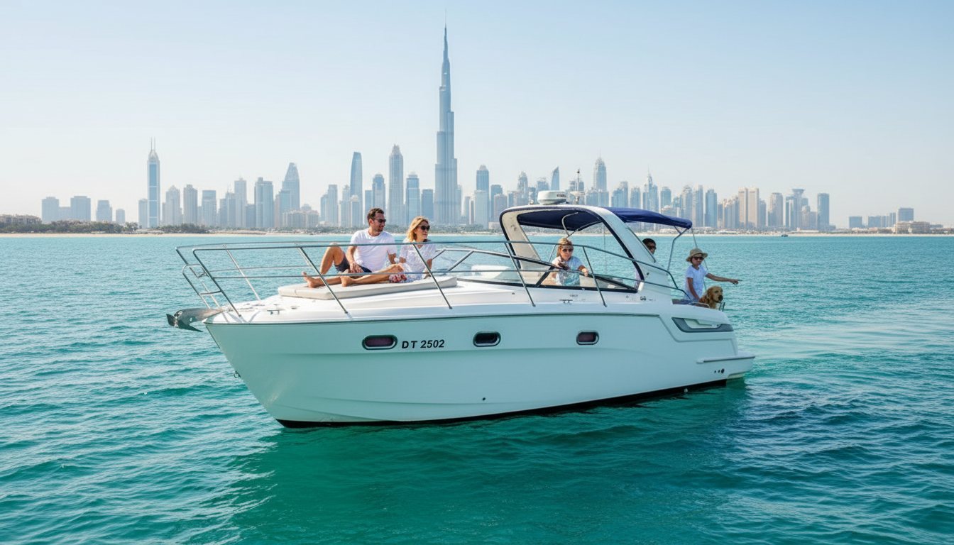 Family with children enjoying a yacht cruise along the sunlit Dubai shore