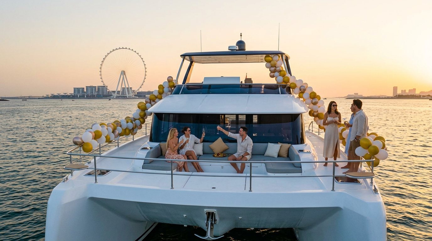 Guests celebrating on a yacht deck decorated with balloons near the shore