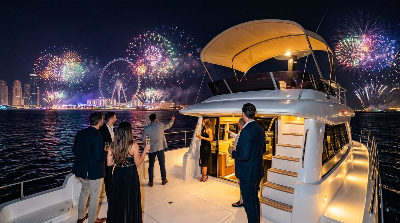 Guests watching a vibrant fireworks display over the Dubai skyline from a yacht