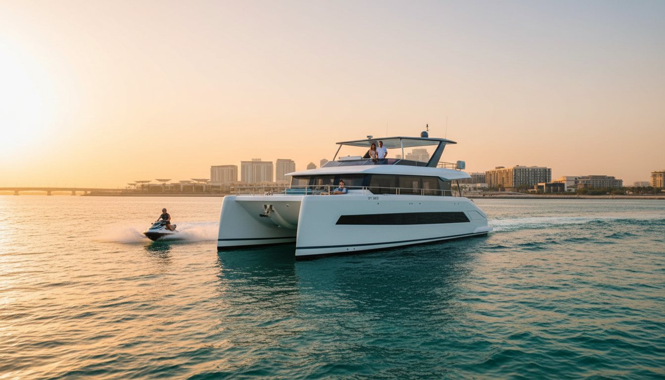 Jet ski speeding beside a luxury yacht in turquoise waters near Dubai