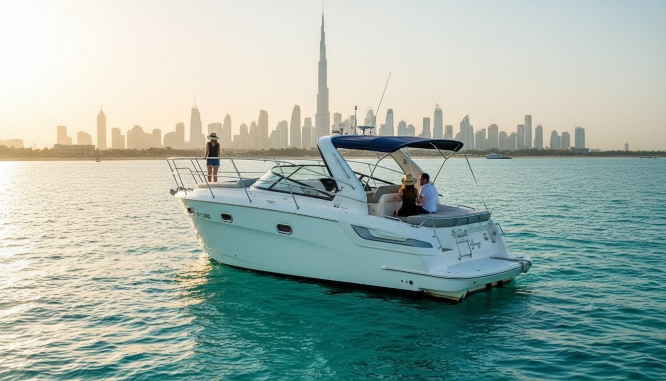 Motor yacht drifting peacefully on calm water facing the distant Dubai coast