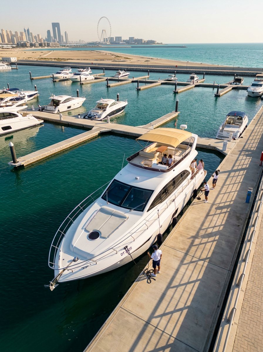 Overhead view of yacht crew standing on a dock with long shadows