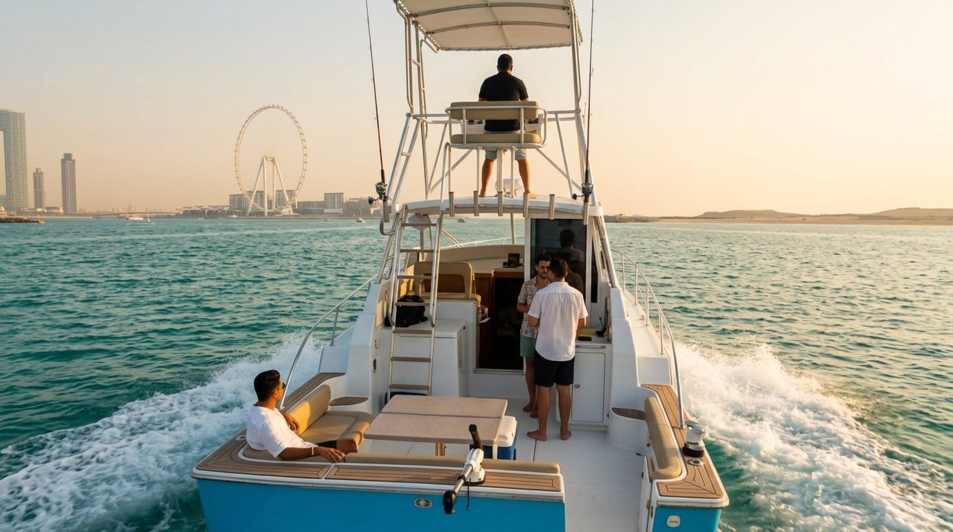 View from the aft deck as a yacht cruises along the Dubai coast