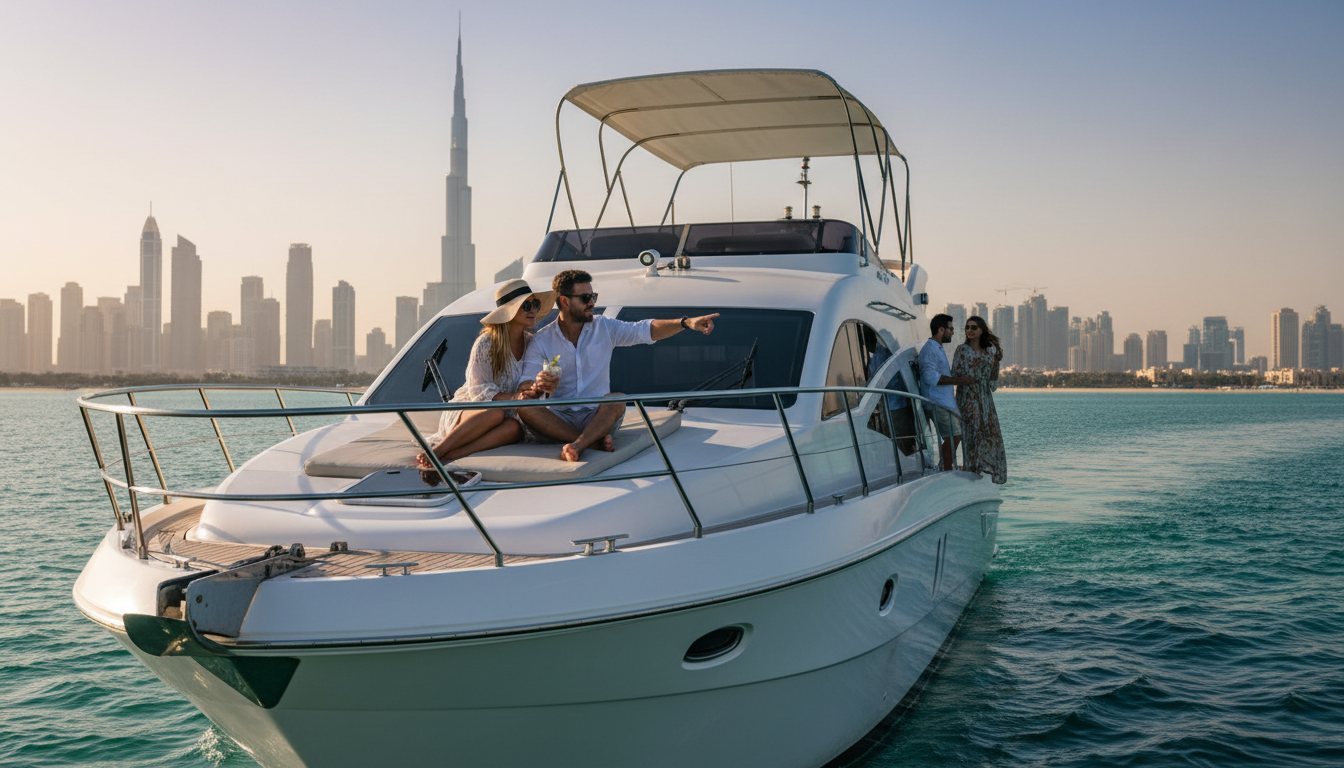 White motor yacht sailing near iconic Dubai landmarks in the warm evening