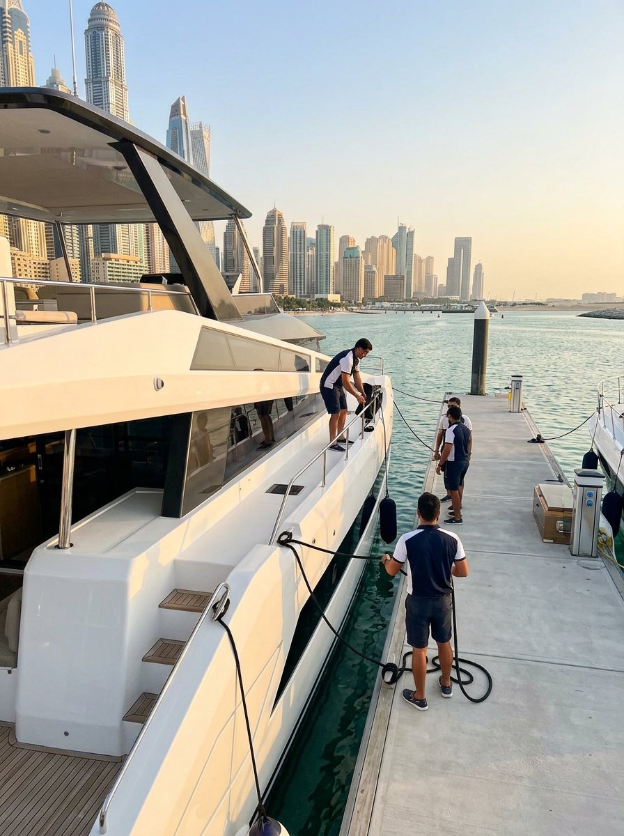 Yacht crew on the pier viewed from the warm glowing aft deck