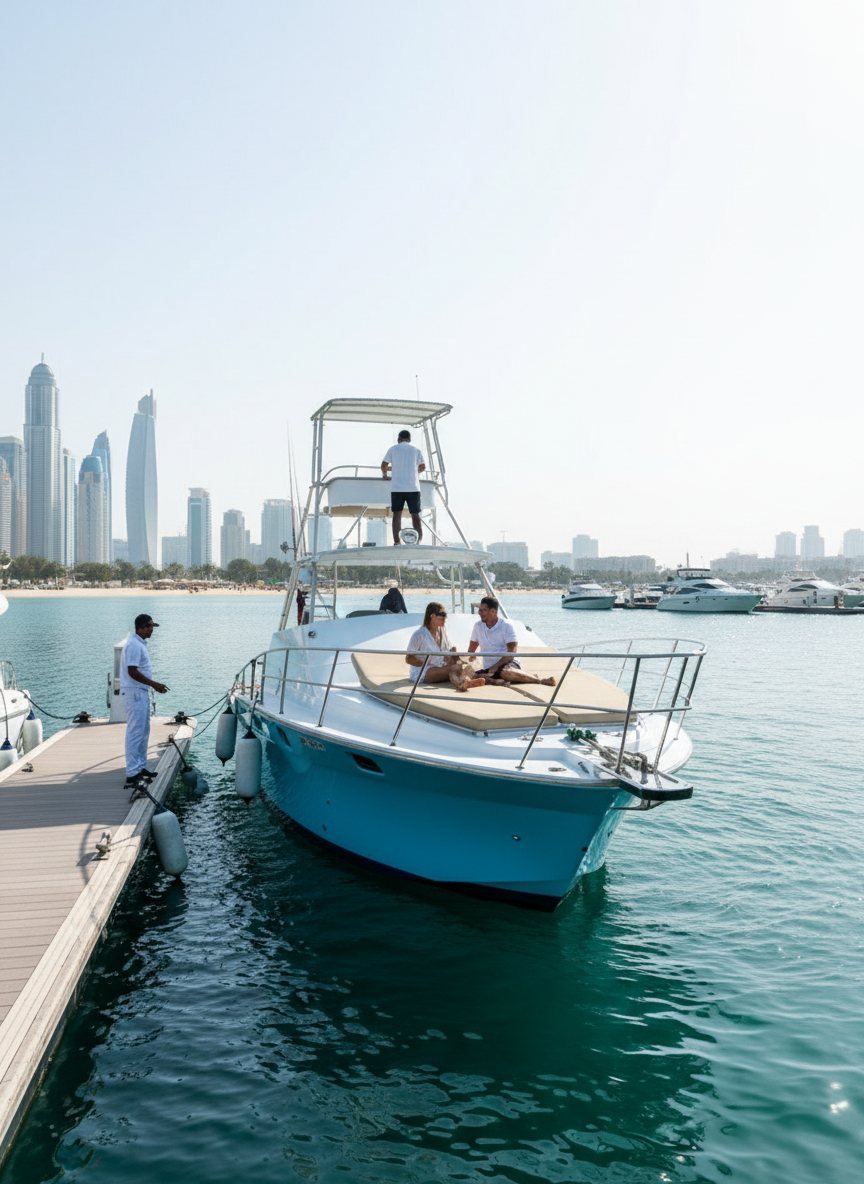 Yacht crew standing on a marina pier with the sunny Dubai skyline behind